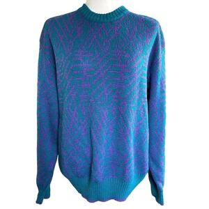 Vintage Marshall Fields Men’s 80s Wool Blend Purple Teal Crew Neck Sweater large